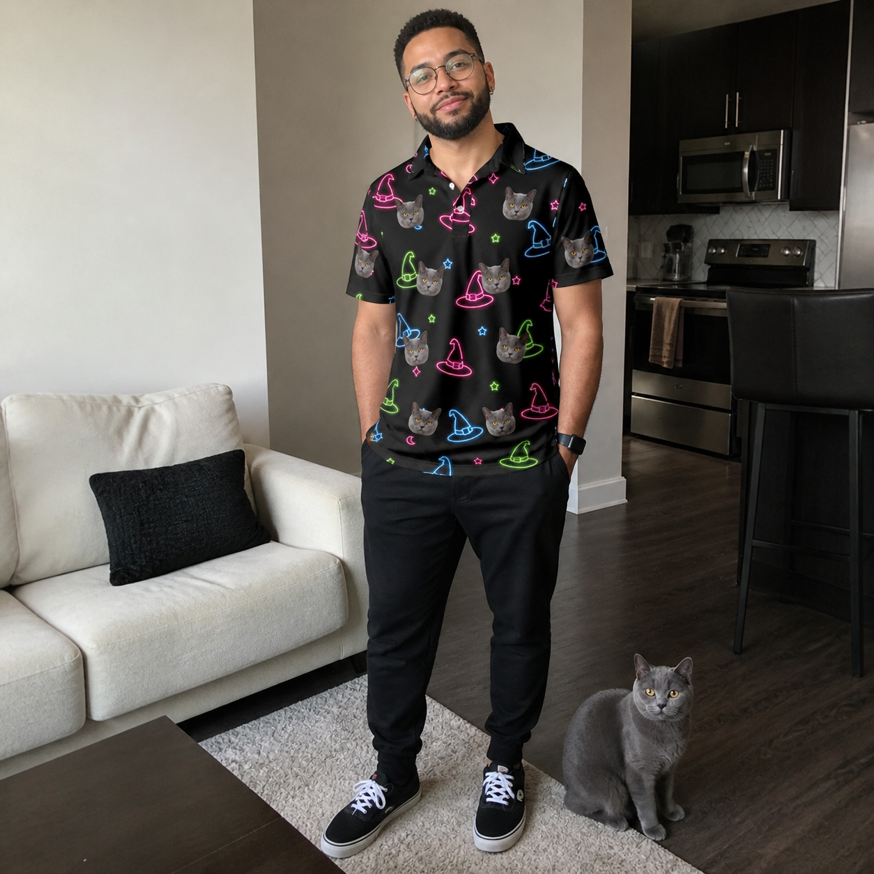 Full-length photo with the pet printed all over this Men's Moonlit Millinery Custom Cat Face Polo Shirt