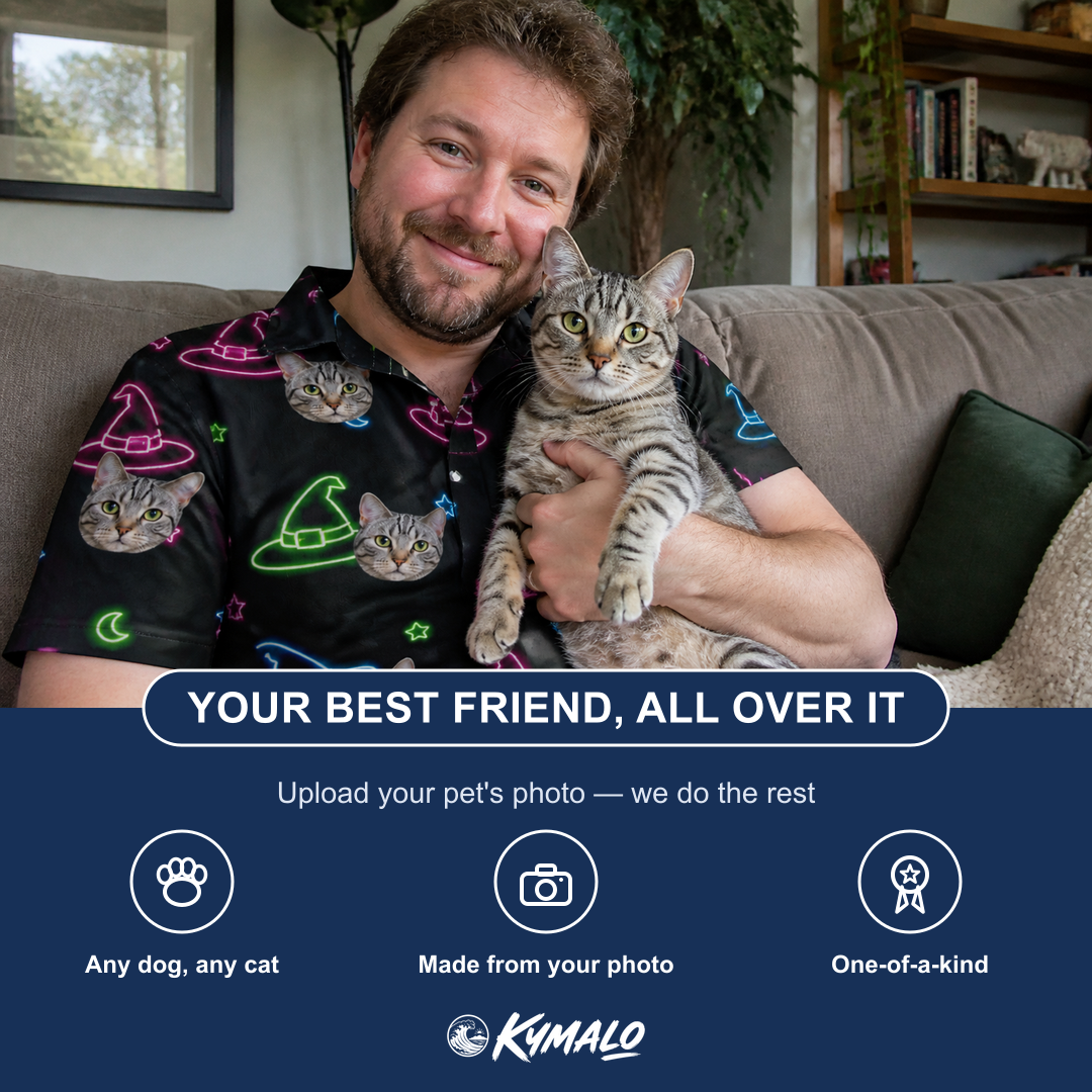 Friends in matching Men's Moonlit Millinery Custom Cat Face Polo Shirt — a group gift photo