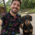 Selfie with the pet whose face is printed all over this Men's Moonlit Millinery Custom Dog Face Polo Shirt