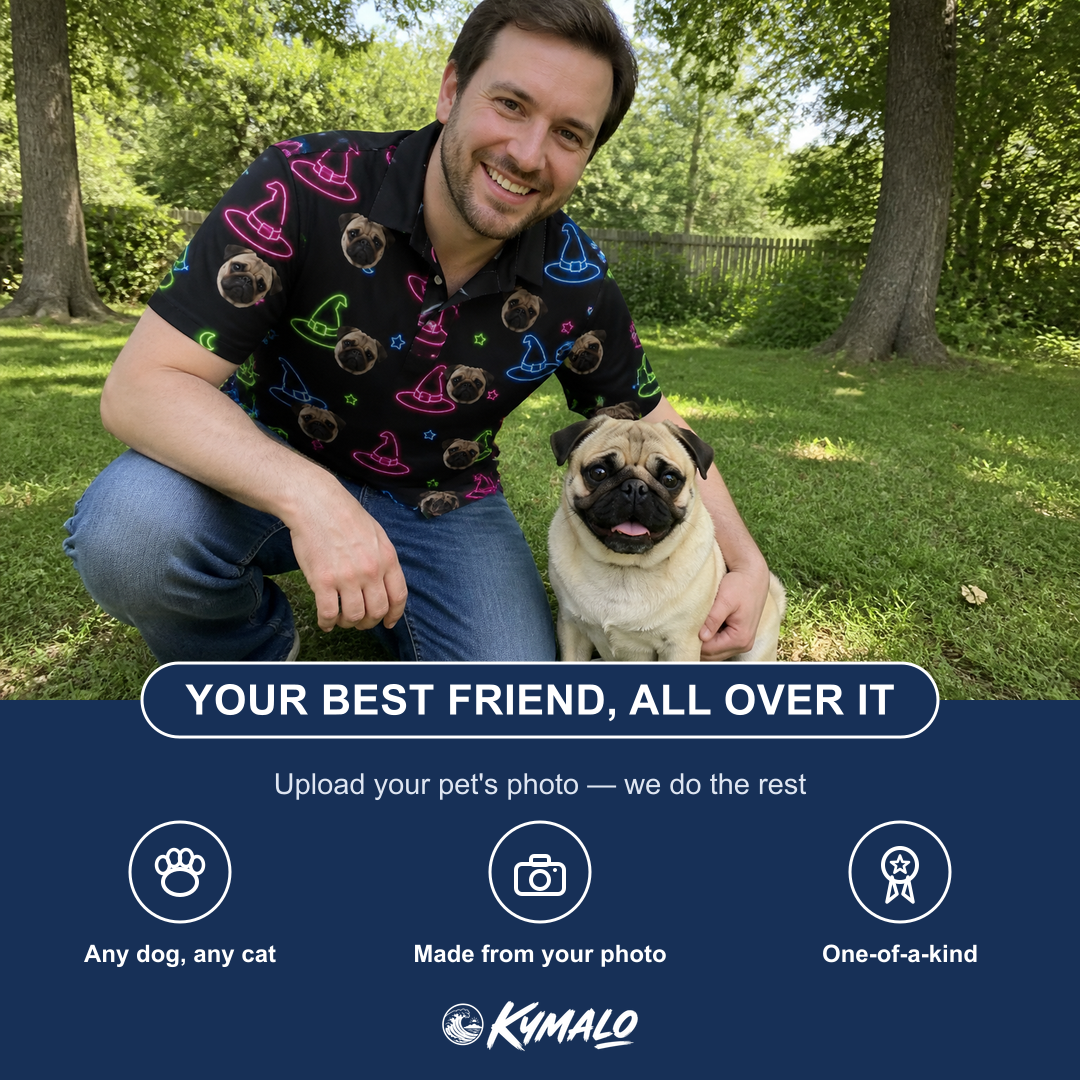 Friends in matching Men's Moonlit Millinery Custom Dog Face Polo Shirt — a group gift photo