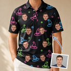 Man wearing Men's Moonlit Millinery Custom Face Polo Shirt — custom faces printed all-over