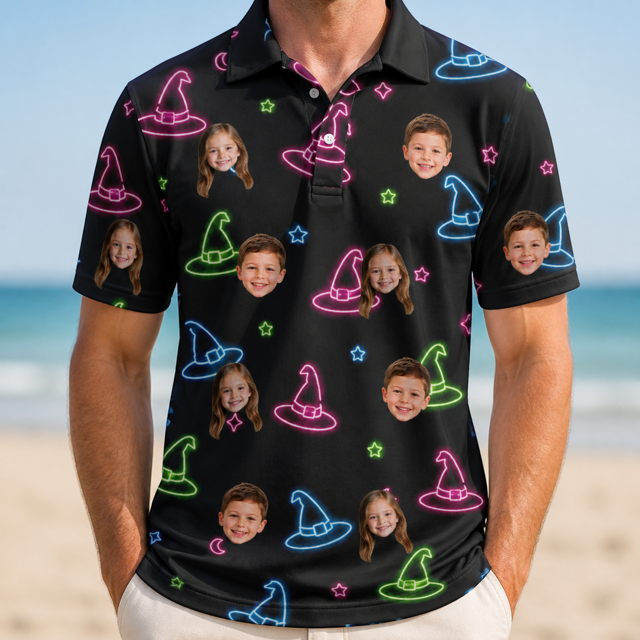 Model wearing Men's Moonlit Millinery Custom Face Polo Shirt printed with kids' faces