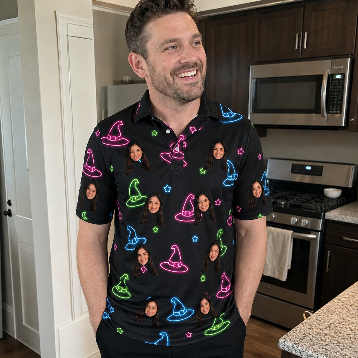 Real-life photo of someone wearing Men's Moonlit Millinery Custom Face Polo Shirt — custom faces printed all-over
