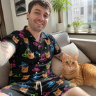 Selfie with the pet whose face is printed all over this Men's Moonlit Millinery Custom Cat Face Shirt & Shorts Set