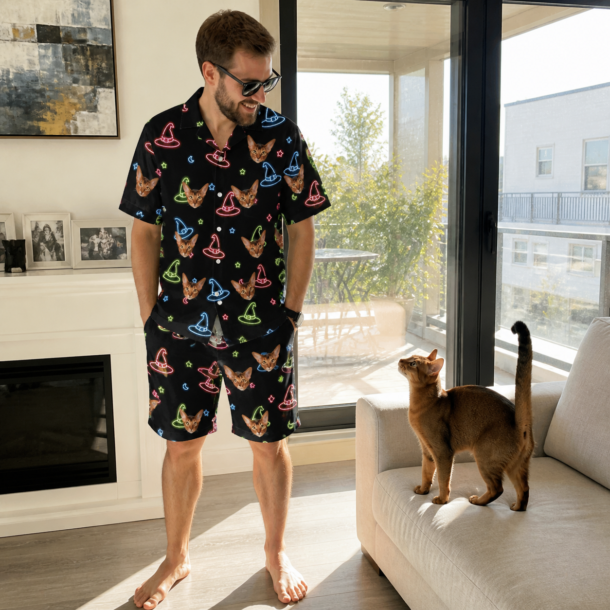 Full-length photo with the pet printed all over this Men's Moonlit Millinery Custom Cat Face Shirt & Shorts Set