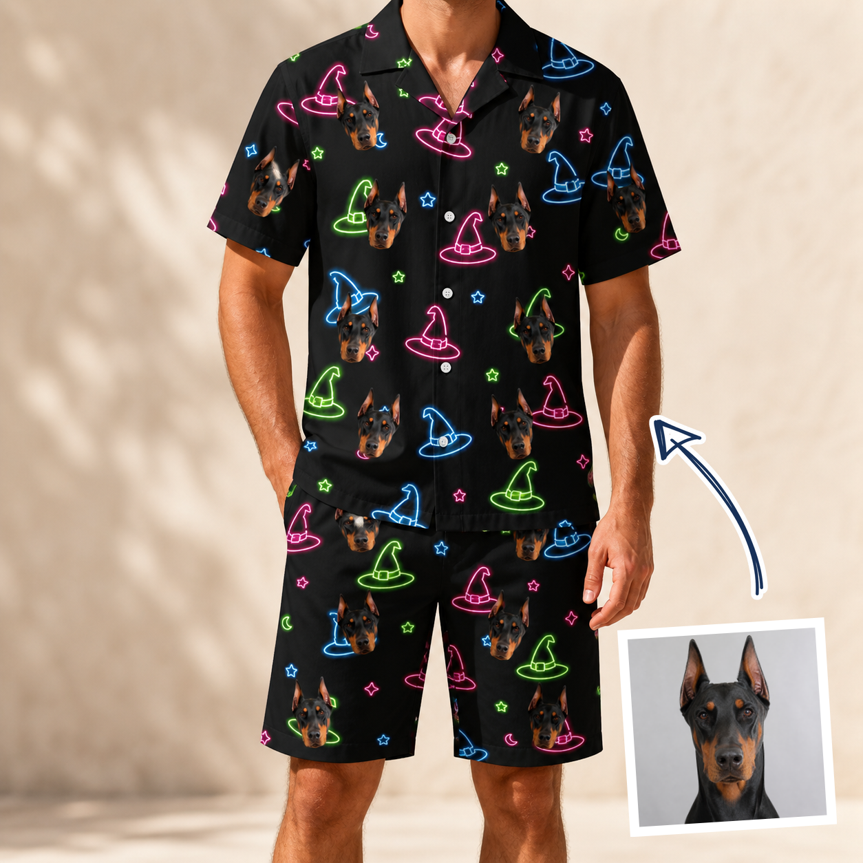 Man wearing Men's Moonlit Millinery Custom Dog Face Shirt & Shorts Set — custom faces printed all-over