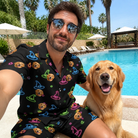 Selfie with the pet whose face is printed all over this Men's Moonlit Millinery Custom Dog Face Shirt & Shorts Set