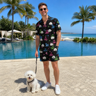 Full-length photo with the pet printed all over this Men's Moonlit Millinery Custom Dog Face Shirt & Shorts Set