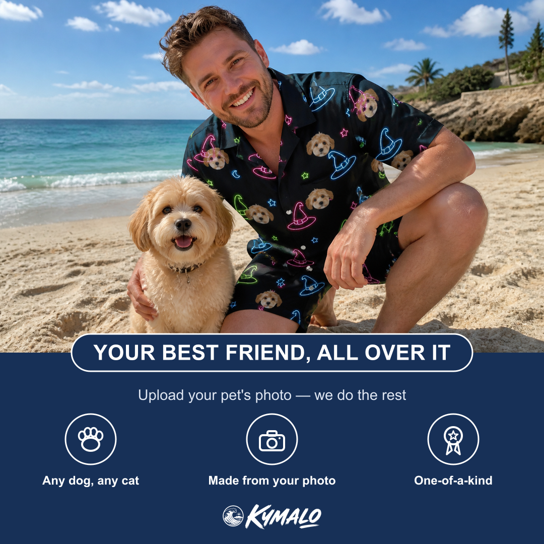 Friends in matching Men's Moonlit Millinery Custom Dog Face Shirt & Shorts Set — a group gift photo
