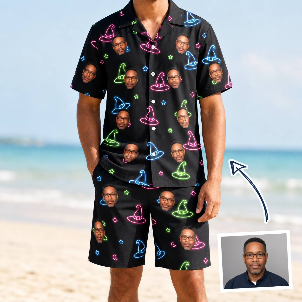 Man wearing Men's Moonlit Millinery Custom Face Shirt & Shorts Set — custom faces printed all-over