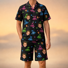 Model wearing Men's Moonlit Millinery Custom Face Shirt & Shorts Set printed with kids' faces