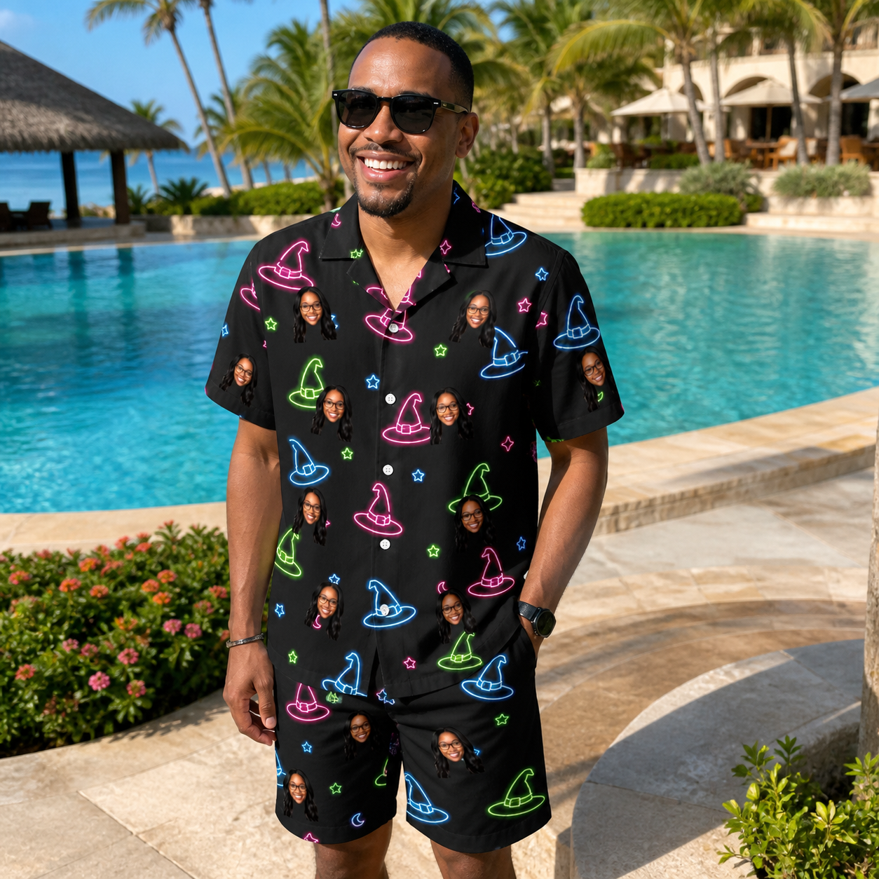 Real-life photo of someone wearing Men's Moonlit Millinery Custom Face Shirt & Shorts Set — custom faces printed all-over
