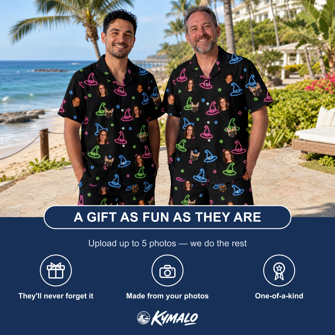 Friends in matching Men's Moonlit Millinery Custom Face Shirt & Shorts Set — a group gift photo