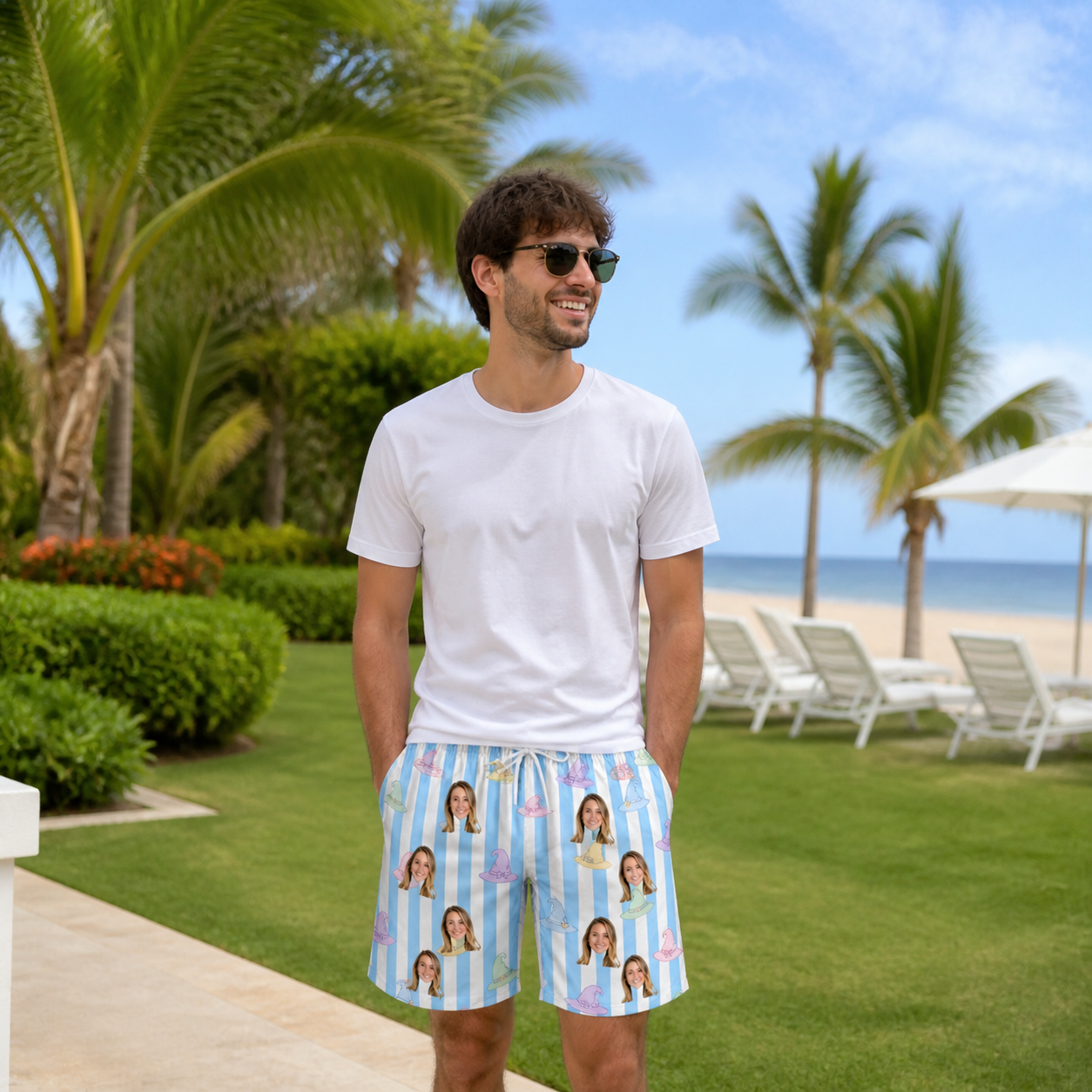 Real-life photo of someone wearing Men's Wicked Peaks Custom Face Beach Shorts — custom faces printed all-over