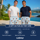 Friends in matching Men's Wicked Peaks Custom Face Beach Shorts — a group gift photo