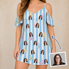 Woman wearing Women's Wicked Peaks Custom Face Off-Shoulder Dress — custom faces printed all-over