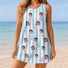 Model wearing Women's Wicked Peaks Custom Face Tank Dress printed with kids' faces