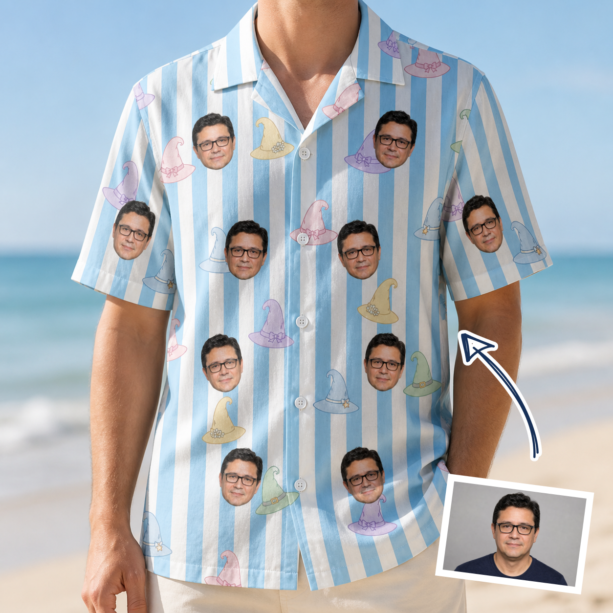 Man wearing Men's Wicked Peaks Custom Face Hawaiian Shirt — custom faces printed all-over
