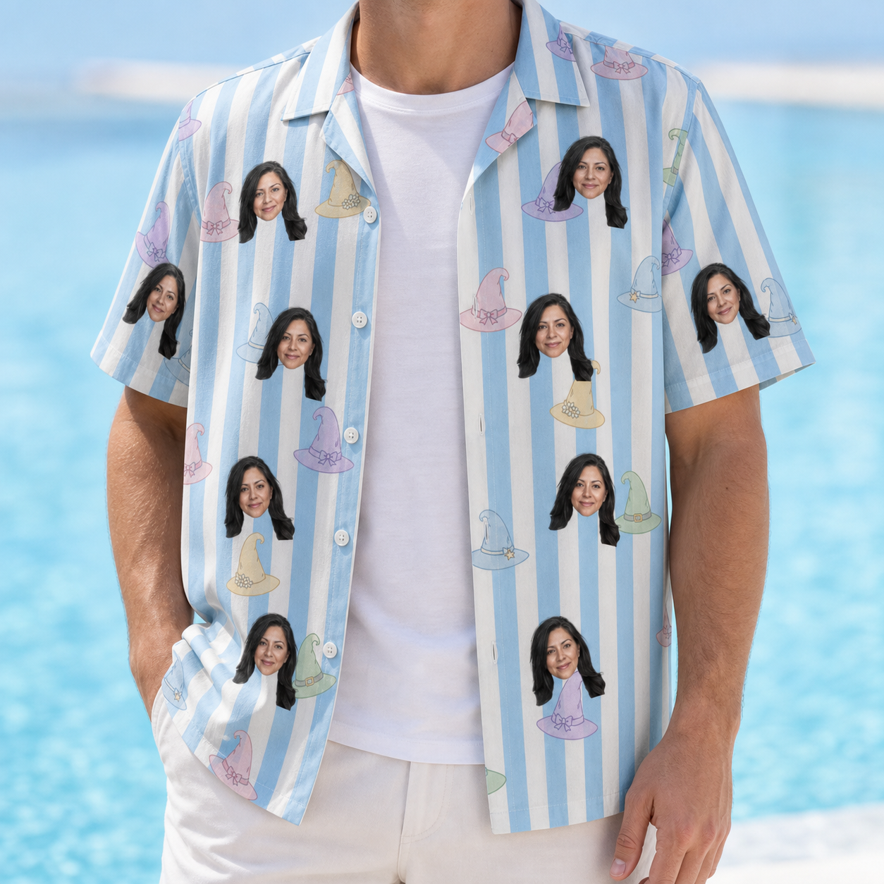 Man wearing Men's Wicked Peaks Custom Face Hawaiian Shirt open over a white tee
