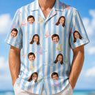 Model wearing Men's Wicked Peaks Custom Face Hawaiian Shirt printed with kids' faces