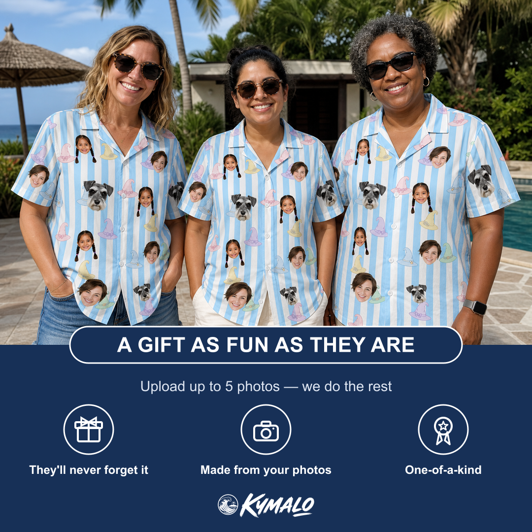 Friends in matching Women's Wicked Peaks Custom Face Hawaiian Shirt — a group gift photo