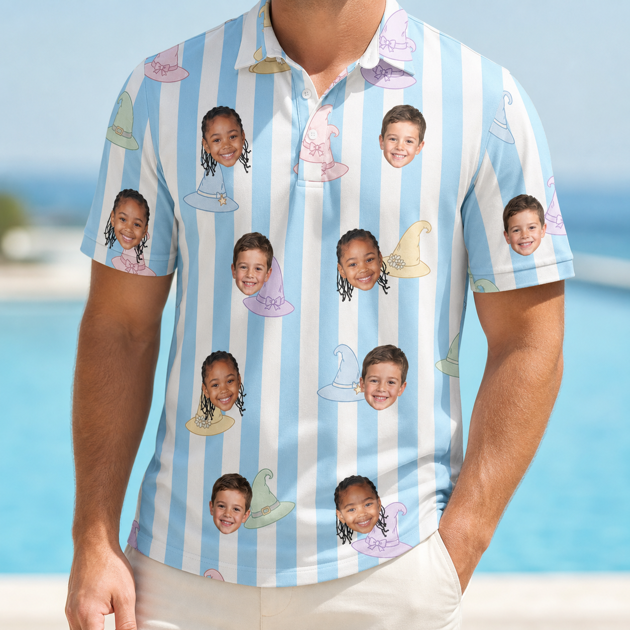 Model wearing Men's Wicked Peaks Custom Face Polo Shirt printed with kids' faces