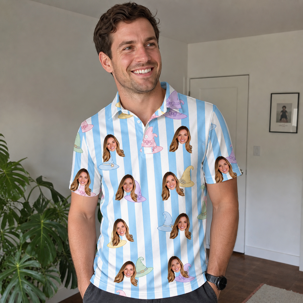 Real-life photo of someone wearing Men's Wicked Peaks Custom Face Polo Shirt — custom faces printed all-over
