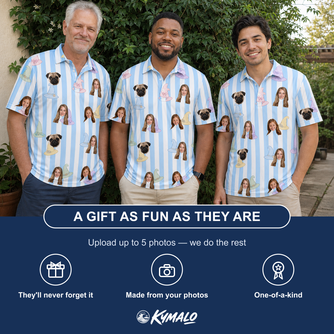 Friends in matching Men's Wicked Peaks Custom Face Polo Shirt — a group gift photo