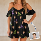 Woman wearing Women's Pointy Party Custom Face Off-Shoulder Dress — custom faces printed all-over