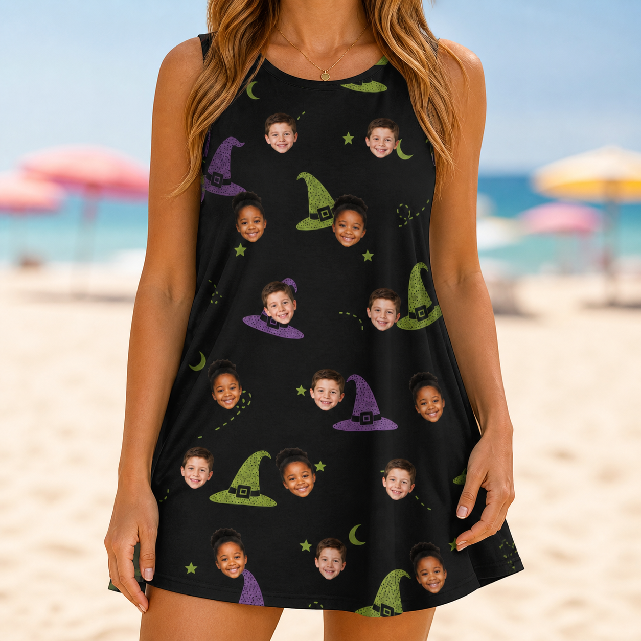 Model wearing Women's Pointy Party Custom Face Tank Dress printed with kids' faces