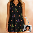 Woman wearing Women's Pointy Party Custom Face V-Neck Dress — custom faces printed all-over