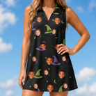 Model wearing Women's Pointy Party Custom Face V-Neck Dress printed with kids' faces