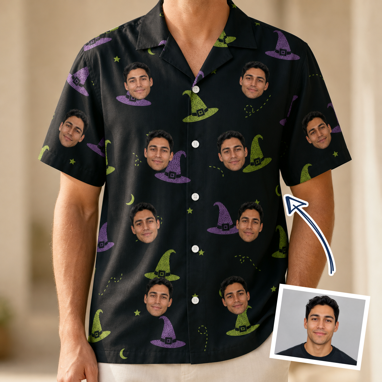 Man wearing Men's Pointy Party Custom Face Hawaiian Shirt — custom faces printed all-over