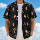 Man wearing Men's Pointy Party Custom Face Hawaiian Shirt open over a white tee