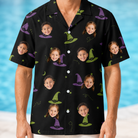 Model wearing Men's Pointy Party Custom Face Hawaiian Shirt printed with kids' faces
