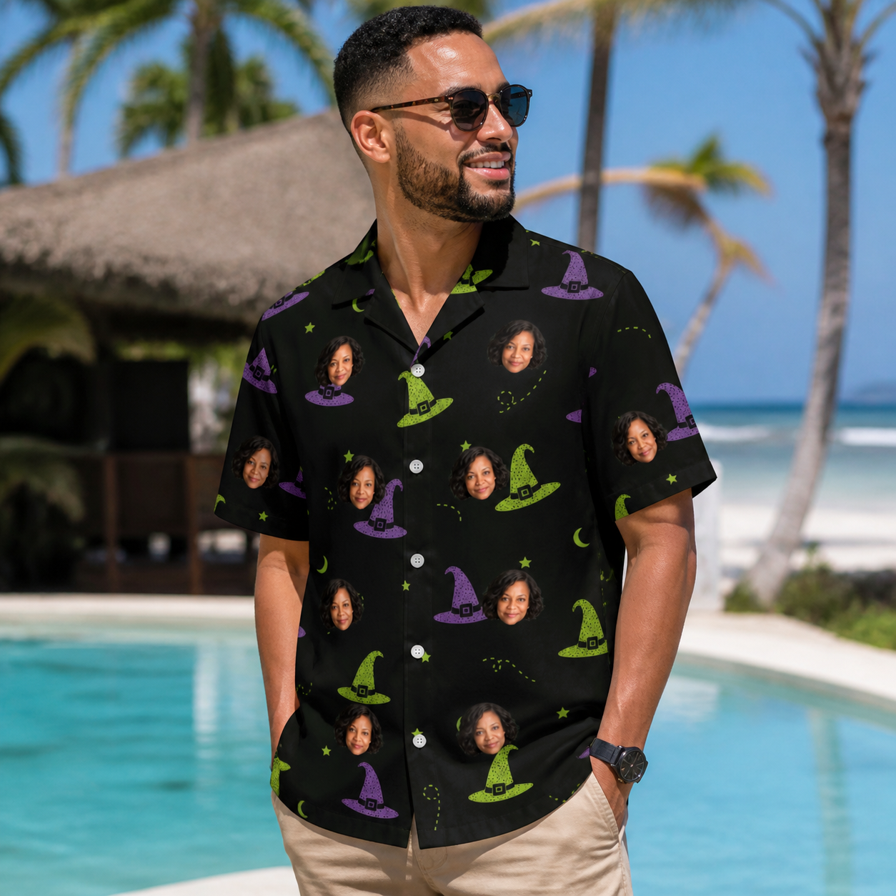 Real-life photo of someone wearing Men's Pointy Party Custom Face Hawaiian Shirt — custom faces printed all-over