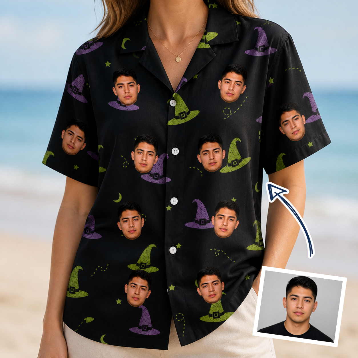 Woman wearing Women's Pointy Party Custom Face Hawaiian Shirt — custom faces printed all-over