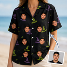 Woman wearing Women's Pointy Party Custom Face Hawaiian Shirt — custom faces printed all-over