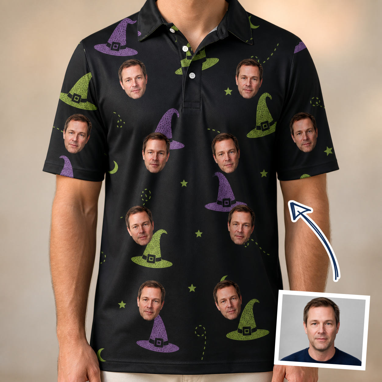 Man wearing Men's Pointy Party Custom Face Polo Shirt — custom faces printed all-over