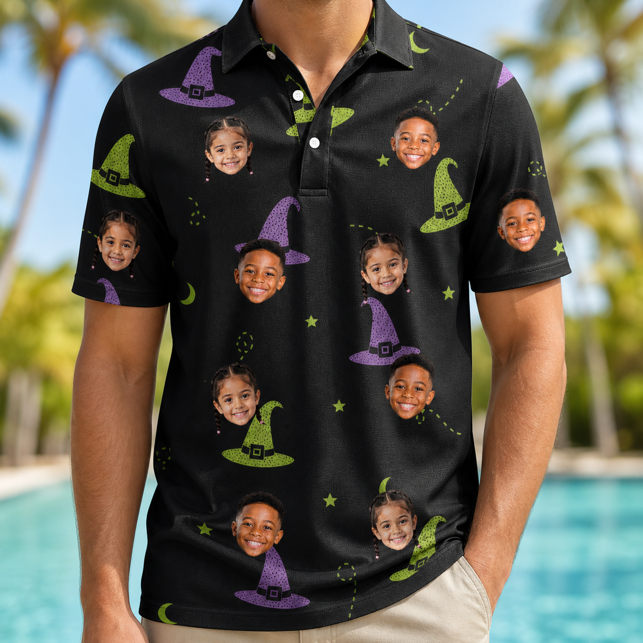 Model wearing Men's Pointy Party Custom Face Polo Shirt printed with kids' faces