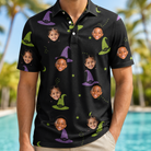 Model wearing Men's Pointy Party Custom Face Polo Shirt printed with kids' faces