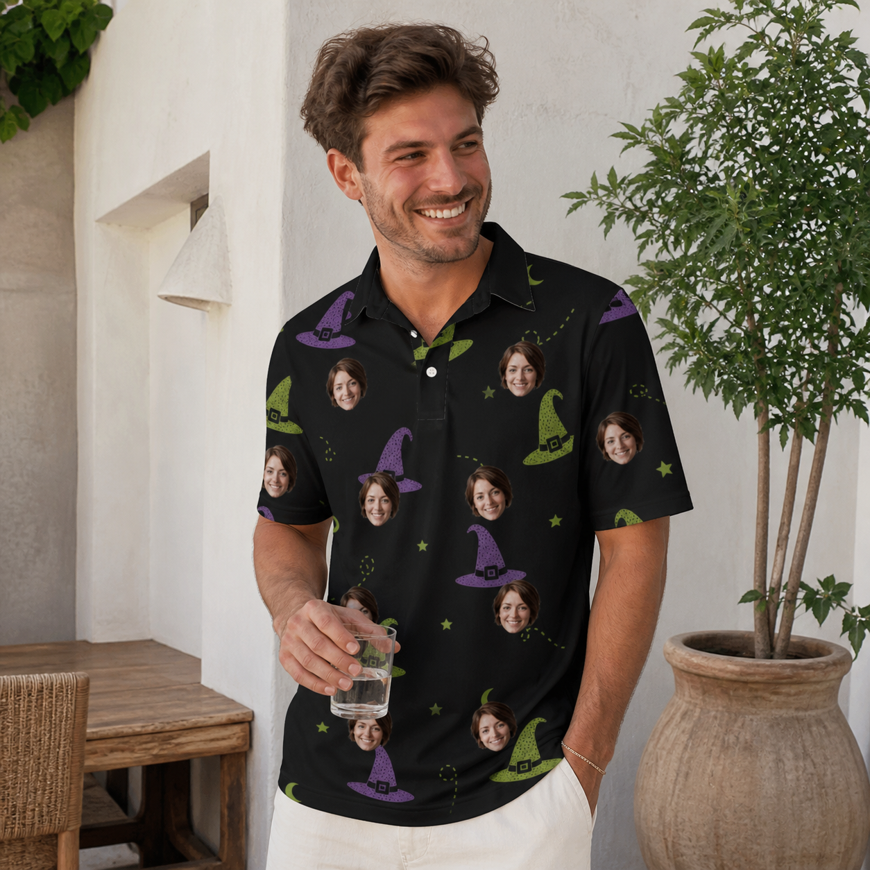 Real-life photo of someone wearing Men's Pointy Party Custom Face Polo Shirt — custom faces printed all-over