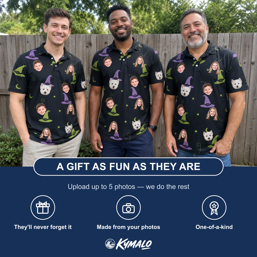 Friends in matching Men's Pointy Party Custom Face Polo Shirt — a group gift photo