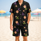 Model wearing Men's Pointy Party Custom Face Shirt & Shorts Set printed with kids' faces