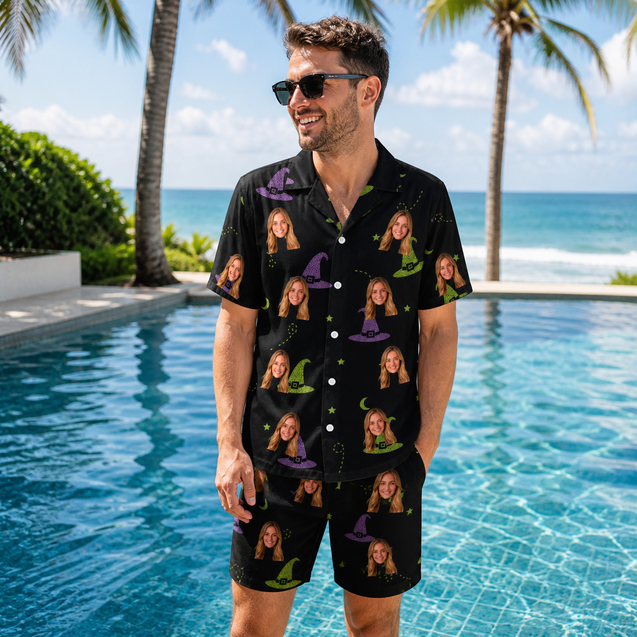 Real-life photo of someone wearing Men's Pointy Party Custom Face Shirt & Shorts Set — custom faces printed all-over