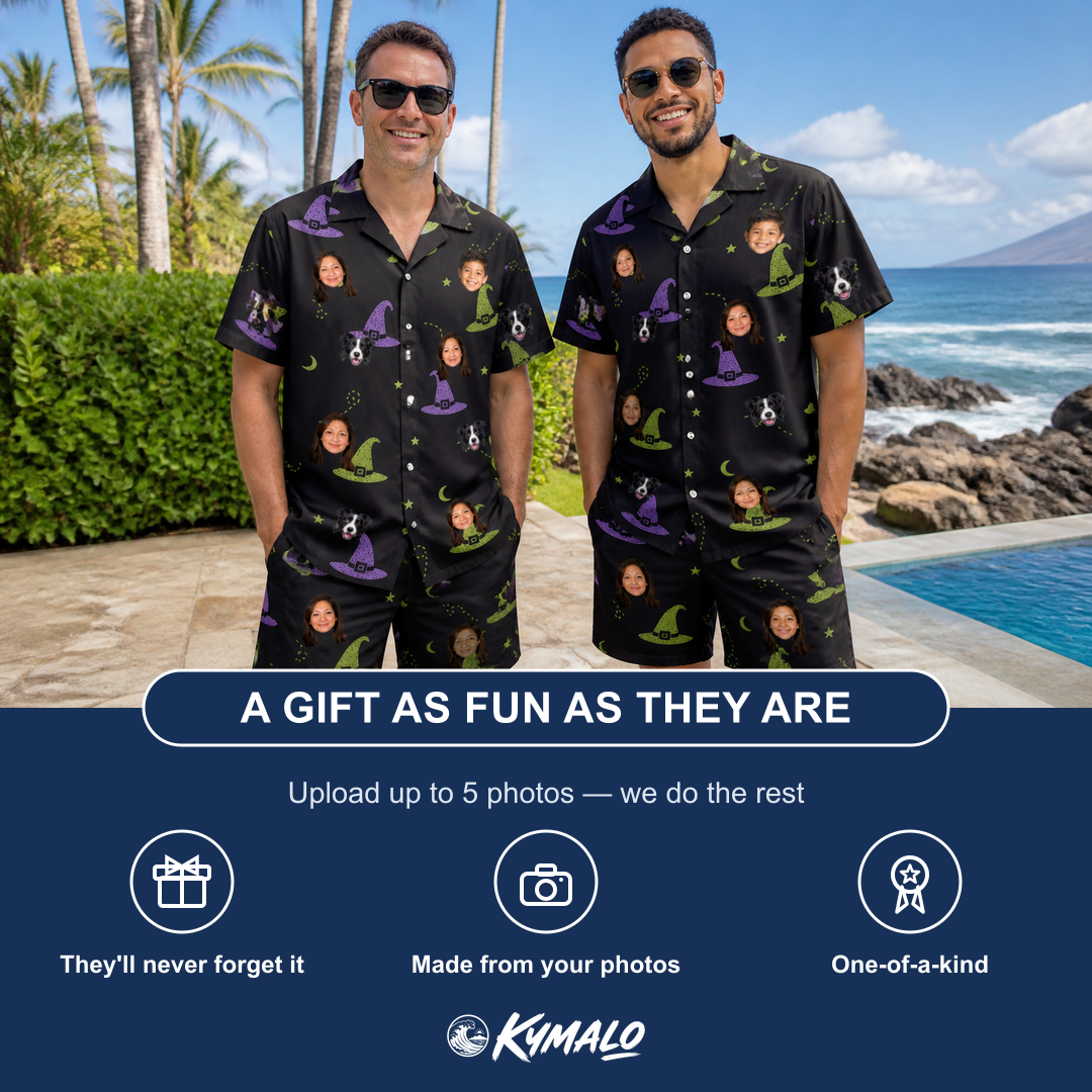 Friends in matching Men's Pointy Party Custom Face Shirt & Shorts Set — a group gift photo