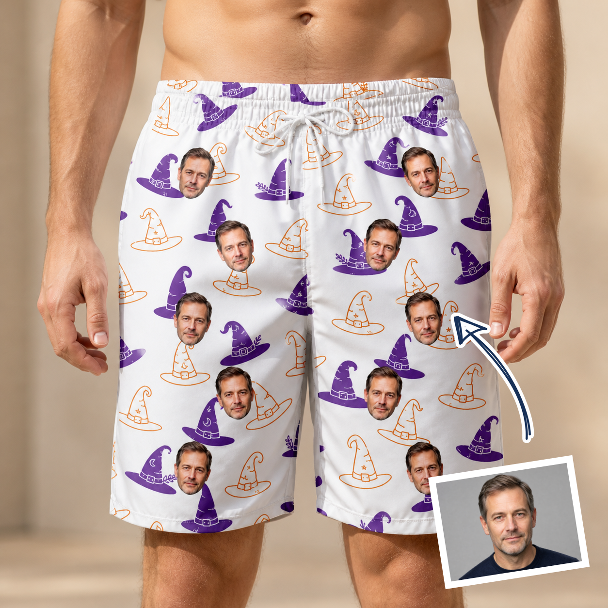 Man wearing Men's Cauldron Crowns Custom Face Beach Shorts — custom faces printed all-over