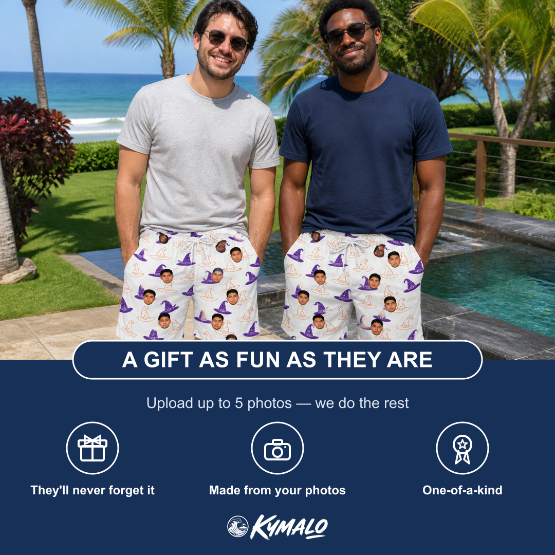 Friends in matching Men's Cauldron Crowns Custom Face Beach Shorts — a group gift photo