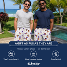 Friends in matching Men's Cauldron Crowns Custom Face Beach Shorts — a group gift photo