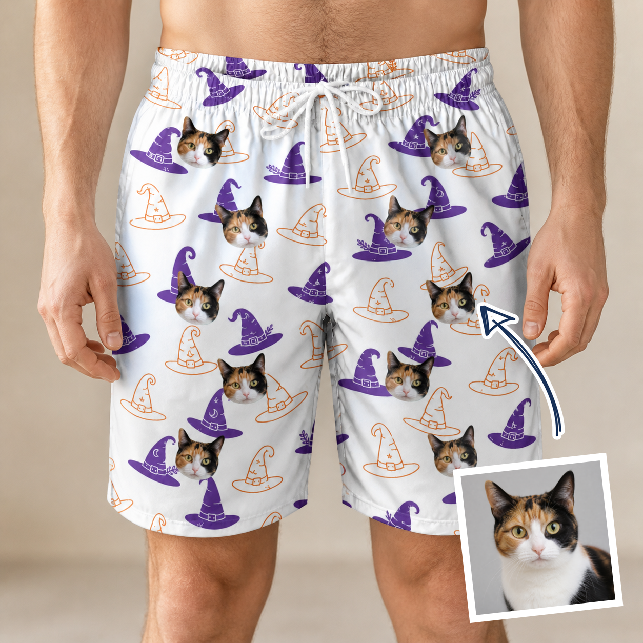 Man wearing Men's Cauldron Crowns Custom Cat Face Beach Shorts — custom faces printed all-over